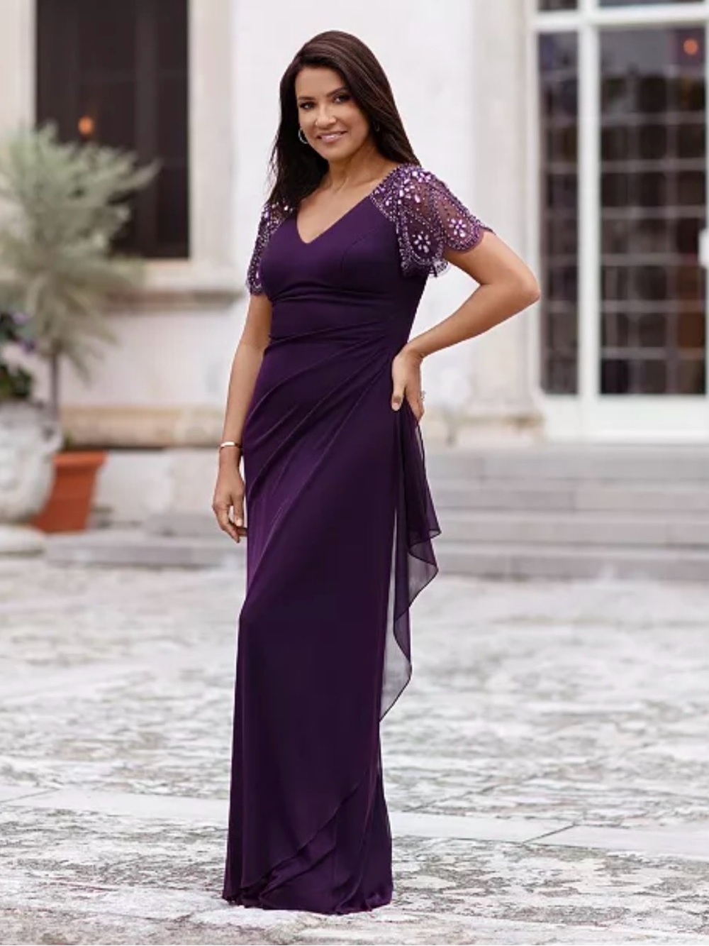 Xscape Size 16P Deep Purple Plum Beaded Sleeve Formal Gown NWOT